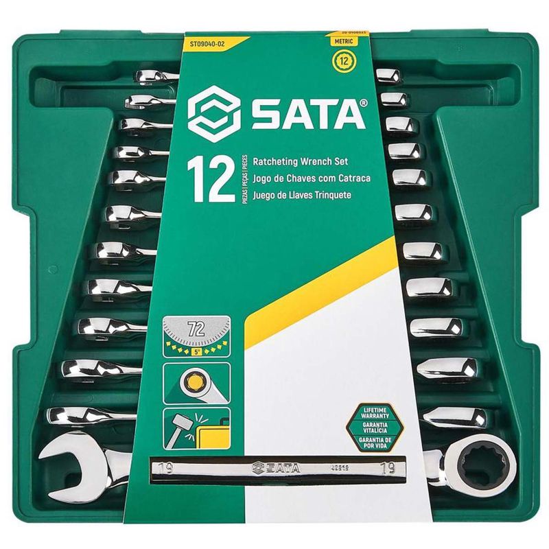 Jogo de Chave Combinada Com Catraca 12 Peças 8mm à 19mm (ST09040-02) - Sata