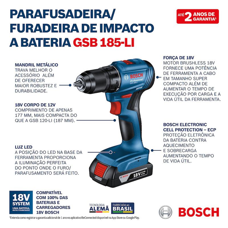 Furadeira Parafusadeira Impacto 18V GSB185LI-2B Sem Fio 2 baterias - Bosch 