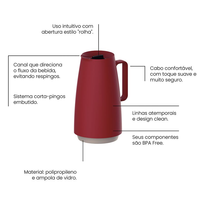 Bule Térmico Exata em Plástico Vermelho Com Ampola de Vidro 500ml (61636/056) - Tramontina