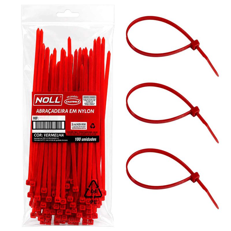 Abraçadeira de Nylon Vermelho 4,8 x 400mm Com 100 Unidades (80,0082) - Nol
