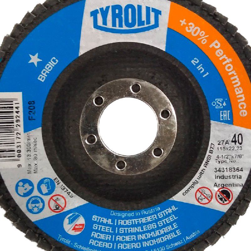 Combo Disco de Lixa Flap Angular 115mm Grana 40 - 27A Basic - 34318364 - TYROLIT