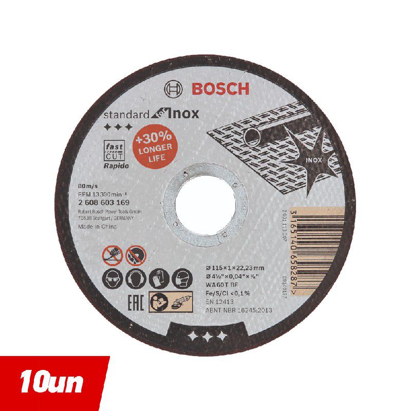 Disco de Corte Inox 4.1/2'' (115x1mm Reto - 10 Uni.) - Bosch 