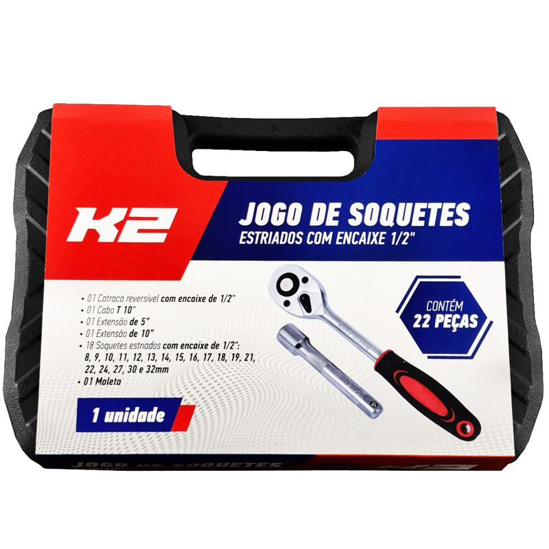 Jogo de Soquetes Estriados Com 22 Peças 1/2'' (20-211-S10) - K2