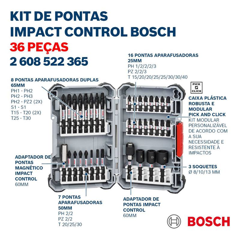 Kit Pontas e Soquetes Bosch Impact Control 36 Peças