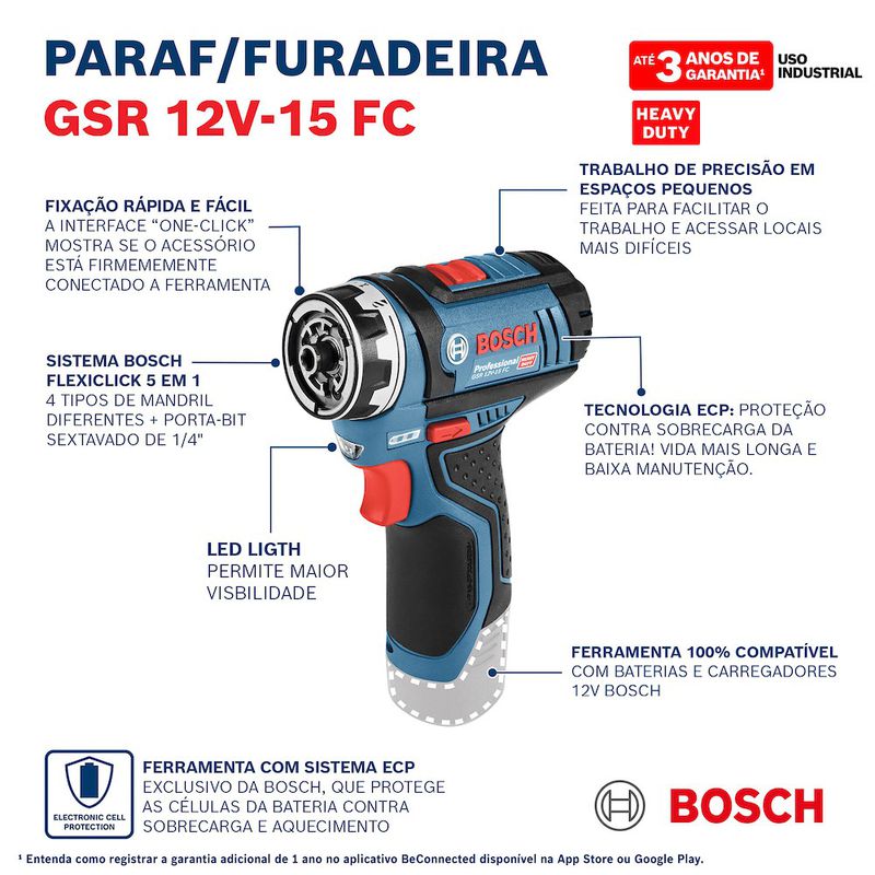 Furadeira e parafusadeira Bosch GSR 12V-15 FC, 2 baterias e maleta