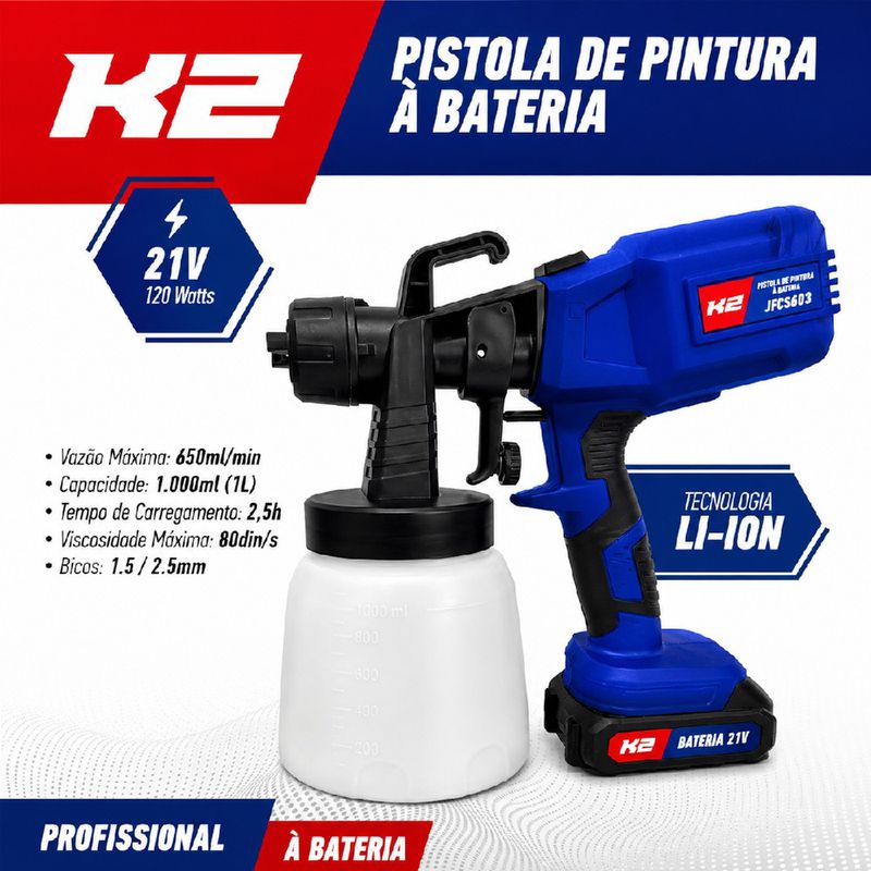 Pistola de Pintura Com 2 Baterias e Carregador 21V (JFCSG03) - K2