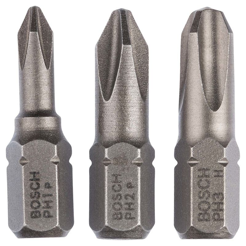 Jogo de Pontas para parafusar Bosch Phillips 25mm, 3 peças PH1, PH2, PH3 Extra Hard