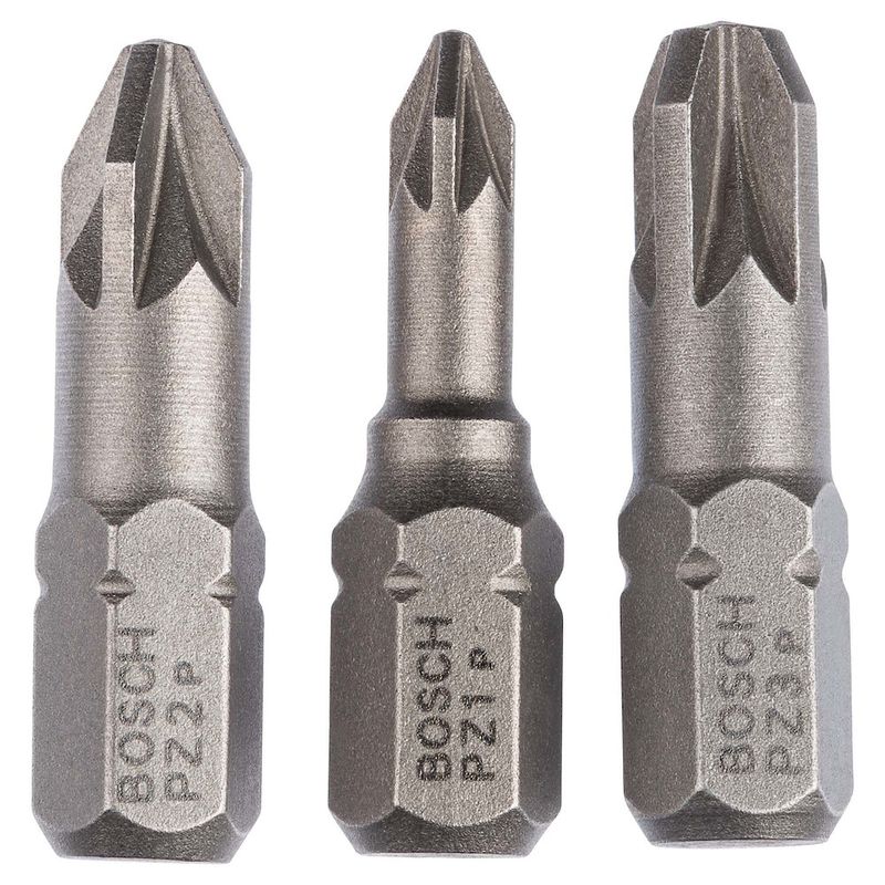 Jogo de Pontas para parafusar Bosch Pozidriv 25mm, 3 peças PZ1, PZ2, PZ3 Extra Hard