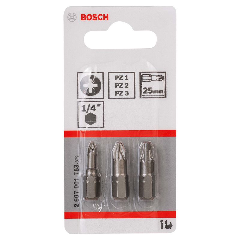Jogo de Pontas para parafusar Bosch Pozidriv 25mm, 3 peças PZ1, PZ2, PZ3 Extra Hard