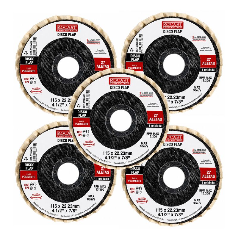 Kit Disco Flap Para Polimento 115 x 22,23mm Com 5 Unidades - Rocast