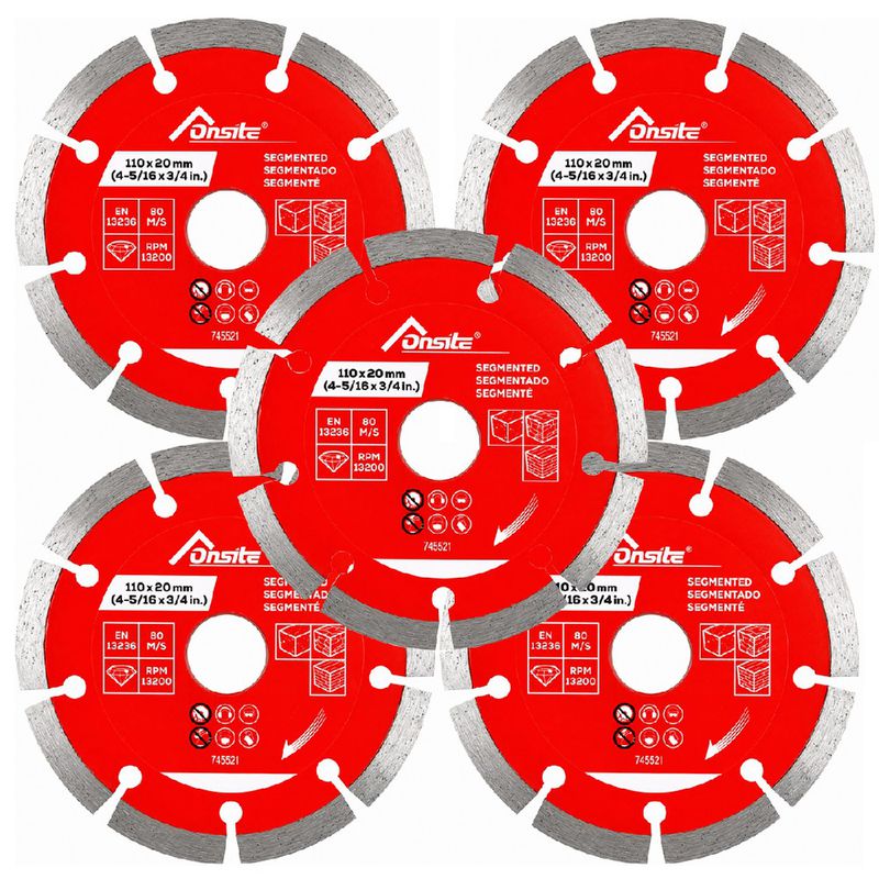 Kit Disco de Corte Diamantado Segmentado Para Serra Mármore e esmerilhadeira 110mm Com 5 Unidades (745521) - Onsite