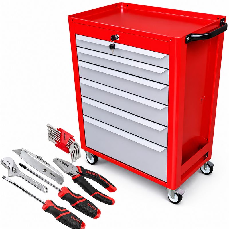 Carrinho Para Ferramentas Vermelho Com 6 Gavetas + Jogo de Ferramentas 16 Peças - Fercar
