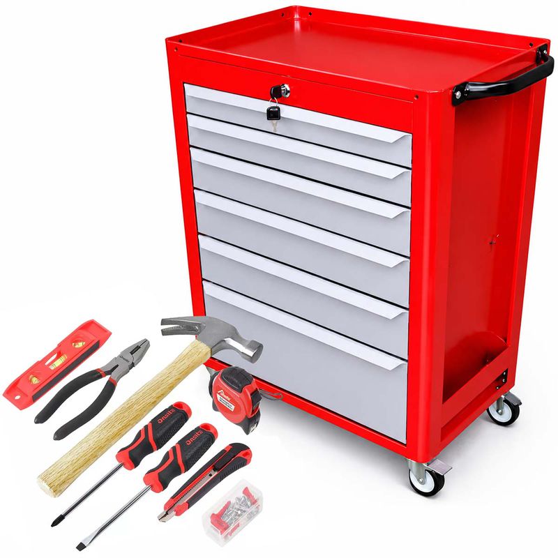 Carrinho Para Ferramentas Vermelho Com 6 Gavetas + Jogo de Ferramentas 8 Peças - Fercar