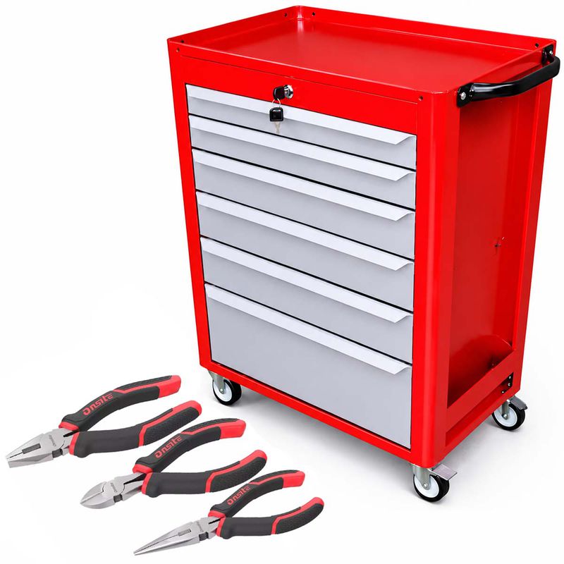 Carrinho Para Ferramentas Vermelho Com 6 Gavetas + Jogo de Alicates 3 Peças - Fercar