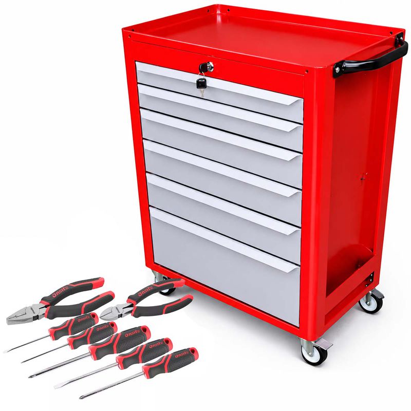 Carrinho Para Ferramentas Vermelho Com 6 Gavetas + Jogo de Ferramentas 7 Peças - Fercar
