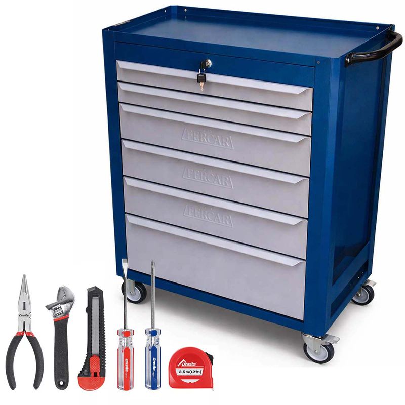Carrinho Para Ferramentas Azul Com 6 Gavetas + Jogo de Ferramentas 6 Peças - Fercar