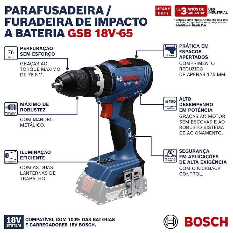 Parafusadeira / Furadeira de Impacto GSB 18V-65 - SB (06019N31E3) - Bosch
