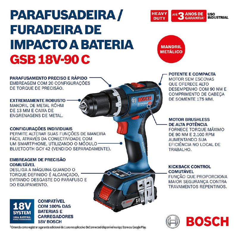 Parafusadeira / Furadeira de Impacto á Bateria 18V Brushless - SB (GSB 18V-90C) - Bosch