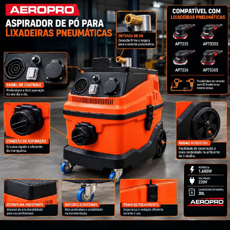 Aspirador de Pó Para Lixadeiras Pneumáticas 1600W / 220V (A302) - Aeropro