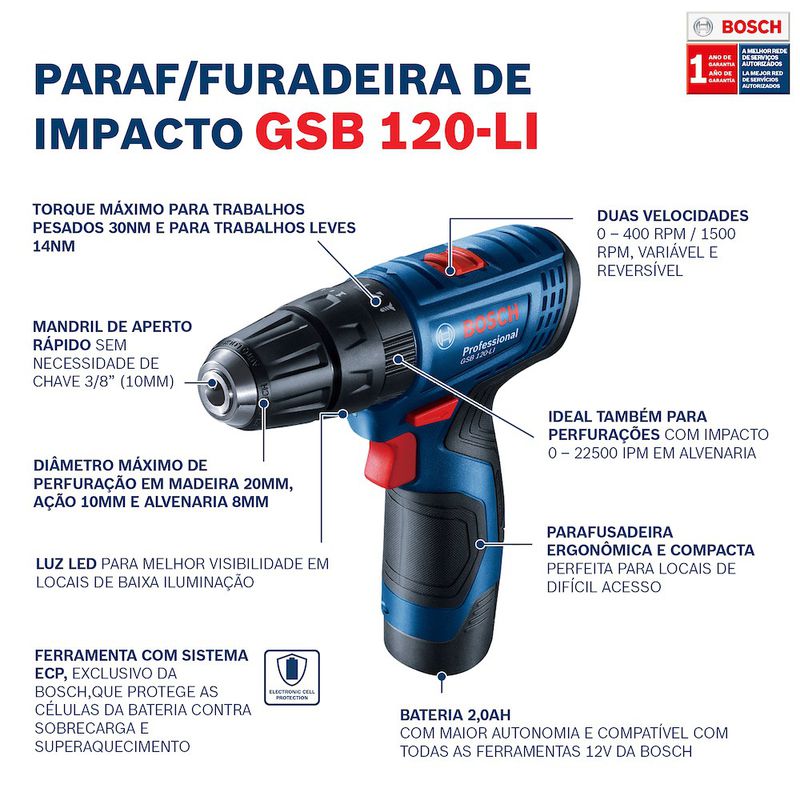 Parafusadeira Furadeira Impacto a bateria Bosch GSB 120-LI 12V SB