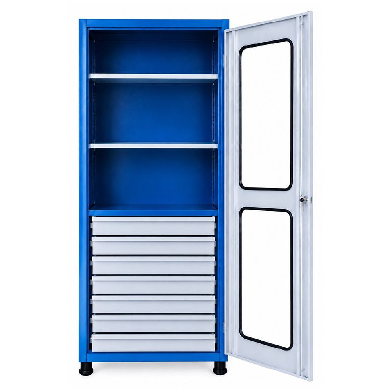 Armário Fechado Com Visor de Vidro, 3 Prateleiras e 7 Gavetas (1521) - Fercar