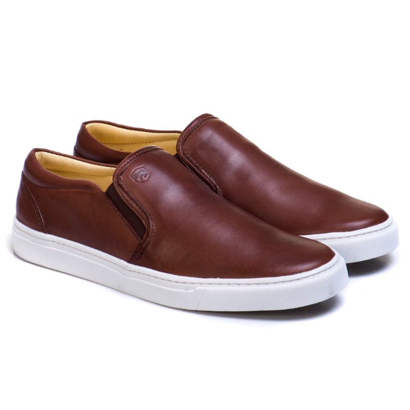 Sapatênis Slip On Liso Couro Café Forro de Couro B... - Sapato de Fábrica