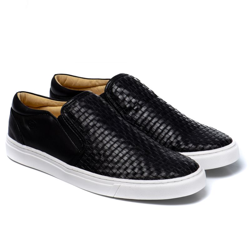 Sapatênis Slip On Tresse Couro Preto Sola Branca F... - Sapato de Fábrica