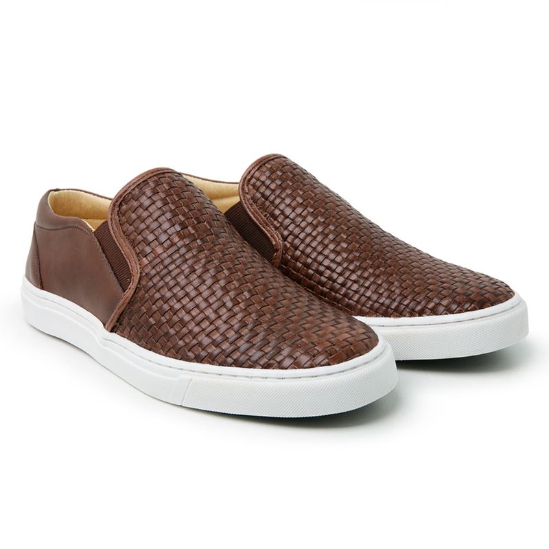 Sapatênis Slip On Tresse Couro Café Sola Branca Fo... - Sapato de Fábrica