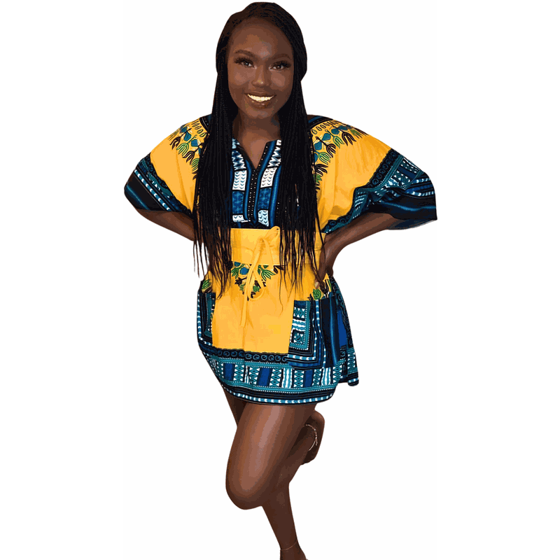 Bata Africana Dashiki Amarelo e Azul - Estilo Afro