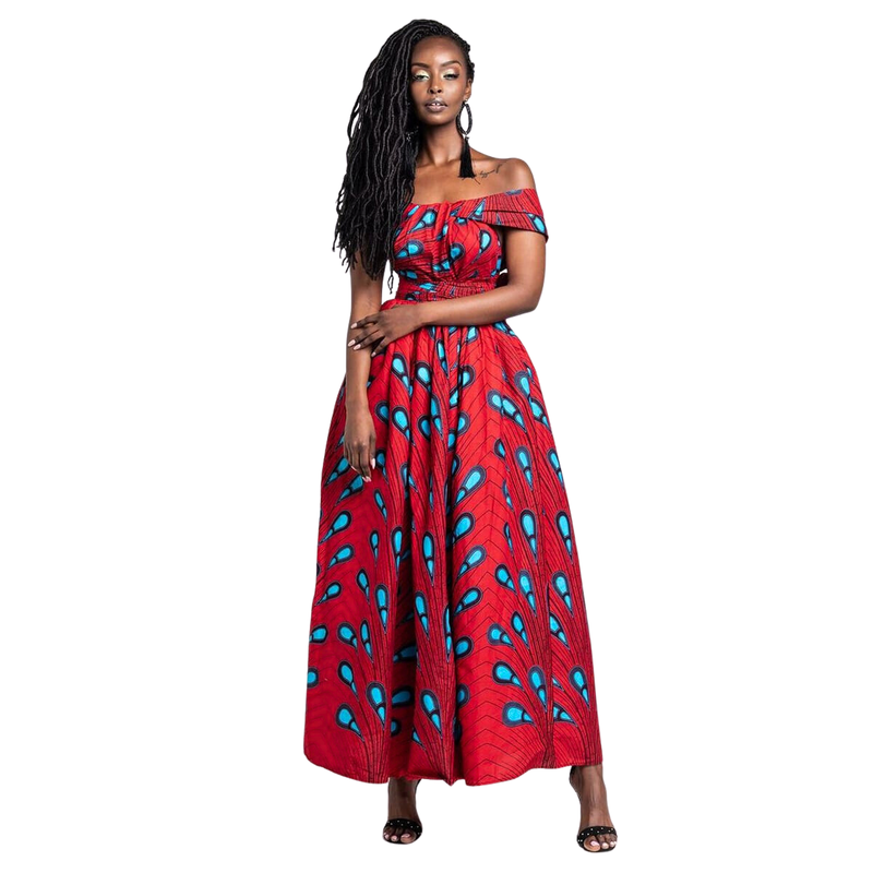 Vestido africano Pena Vermelho e Azul - Estilo Afro