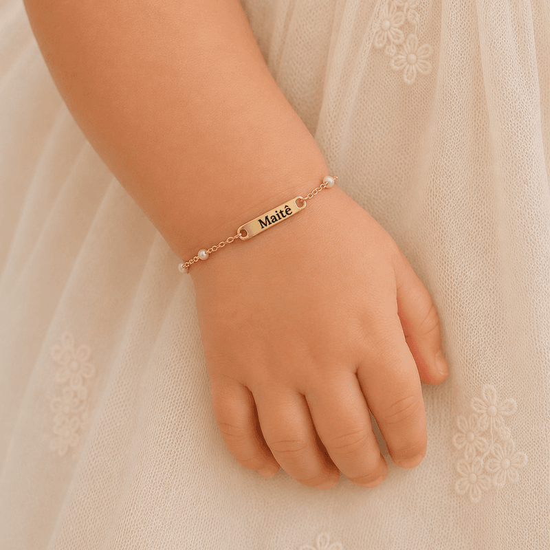 Pulseira Gravação Pérolas Infantil- banho ouro 18k