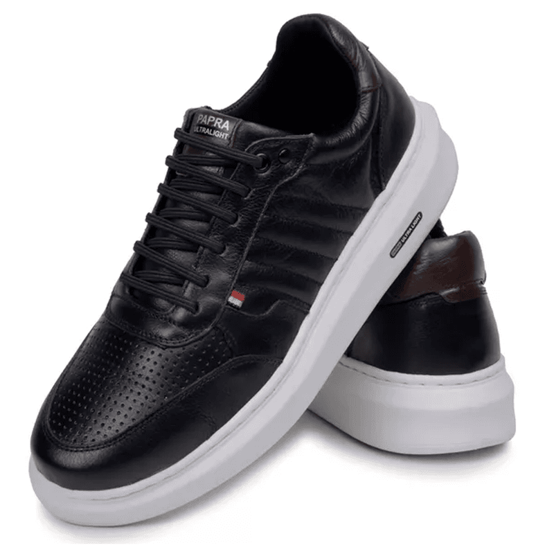 Kit Sapatênis Tênis Masculino 100% Couro Legítimo Confortável 1070 + 1051 - Preto Branco / Palha