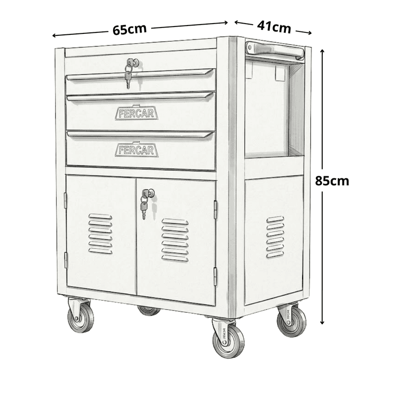 Carrinho Para Ferramentas Fechado Com 3 Gavetas Vermelho (C06) - Fercar