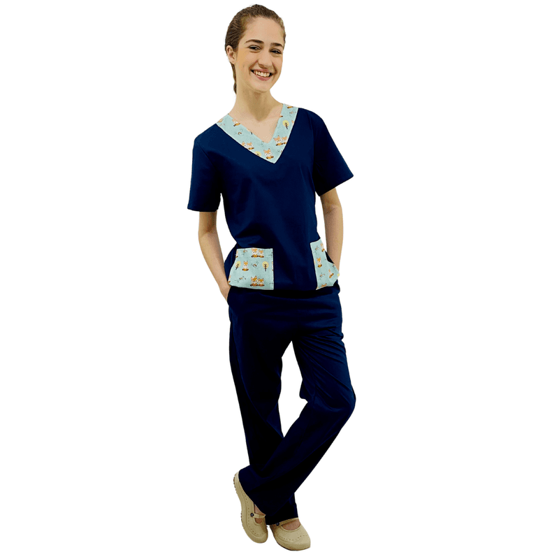 Pijama Cirúrgico Tradicional Tricoline - Azul Marinho com detalhes Raposas D5