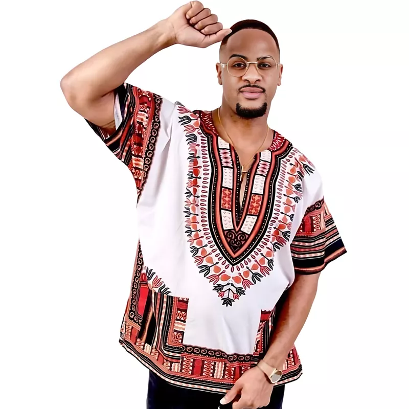 Bata Africana Dashiki Branco e Vermelho - Estilo Afro