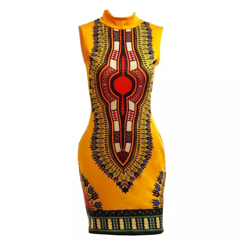 Vestido Mini Dashiki Estilo Afro Amarelo Sem Manga - Estilo Afro