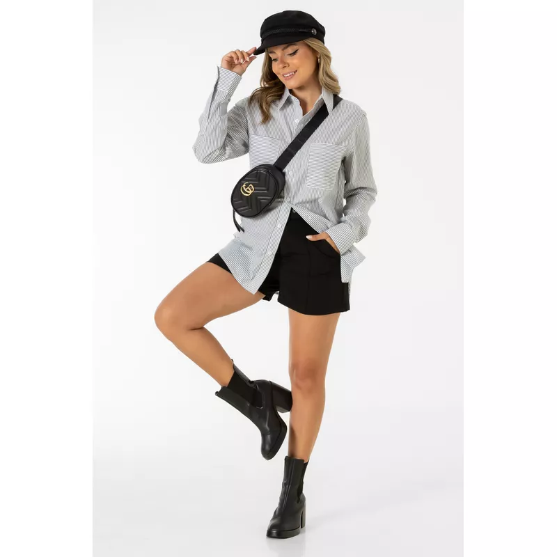 Camisa Oversized Listrada Preta e Branca Eléonore - Fyorella