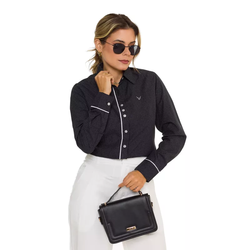 Blusa de Poá Preta Feminina Manga Longa Martina - Fyorella