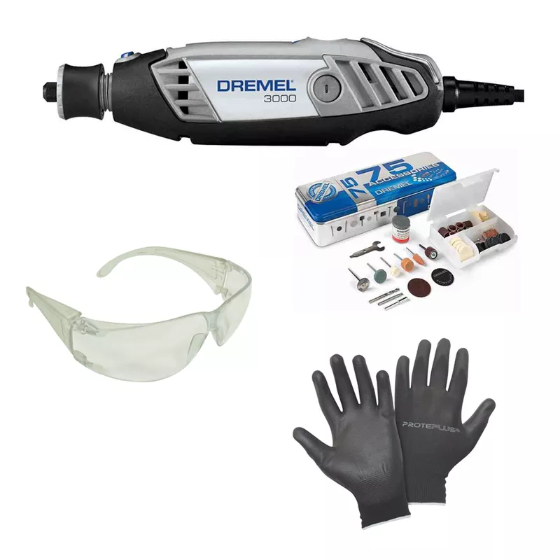 Combo Micro Retífica DREMEL 3000 10 + 75 Acessórios (127V) + Óculos de Proteção Incolor + Luva Tricotada