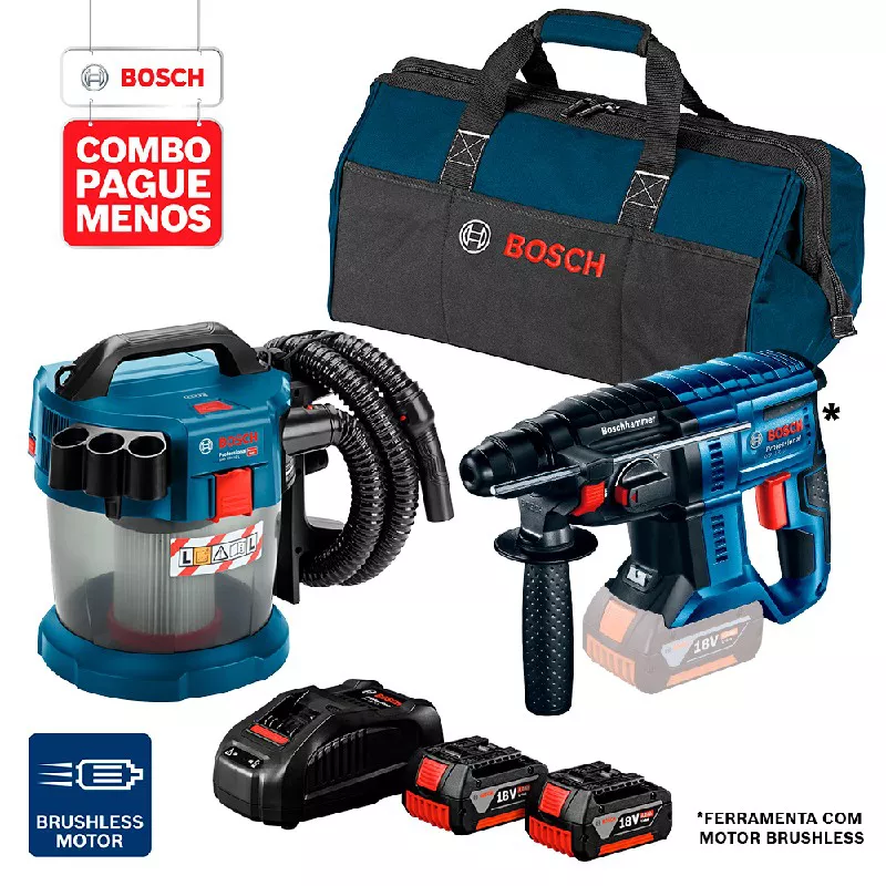 Combo Pague Menos Bosch 18V - Martelete Perf. GBH 180-LI SDS-Plus, 2J + Aspirador de Pó GAS 18V-10 L, 2 baterias 18V 4,0Ah 1 carregador e 1 bolsa