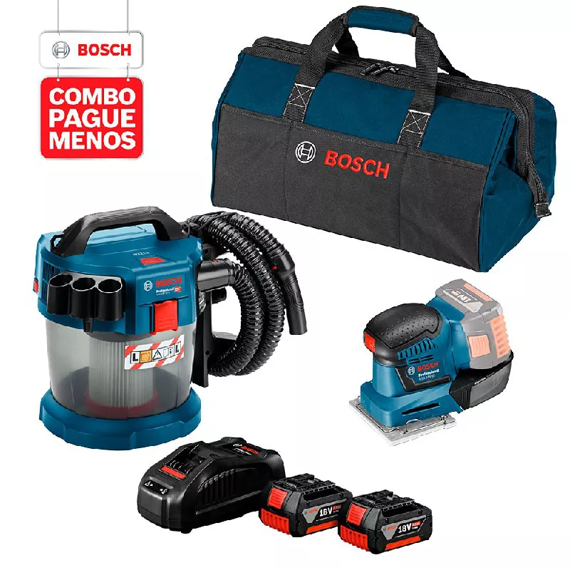 Combo Pague Menos Bosch 18V -Aspirador de Pó GAS 18V-10 L + Lixadeira GSS 18V-10, 2 baterias 18V 4,0Ah 1 carregador e 1 bolsa