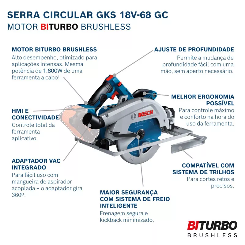 Serra Circular Bosch GKS 18V-68 GC Brushless 1800W 18V SB, com disco