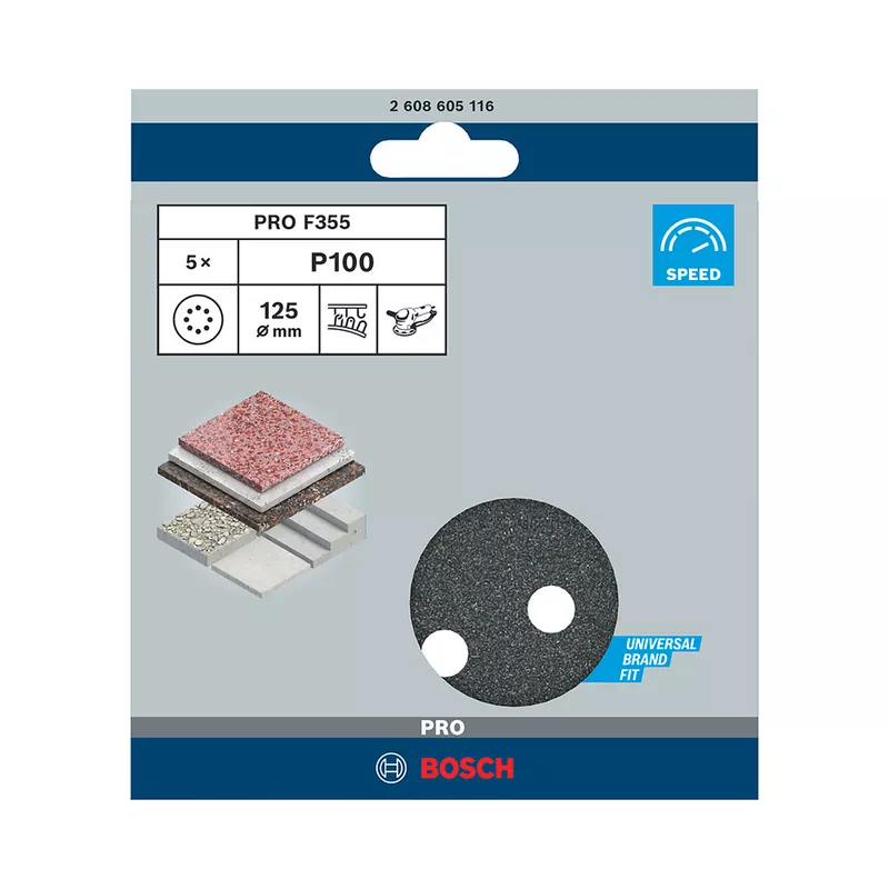 Disco de Lixa Com Velcro 125mm - GR. 100 Com 5 Peças (2608605116) - Bosch