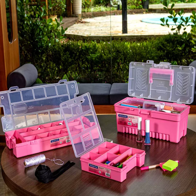 Caixa Plástica Para Ferramentas Com Bandeja Removível 13'' Rosa