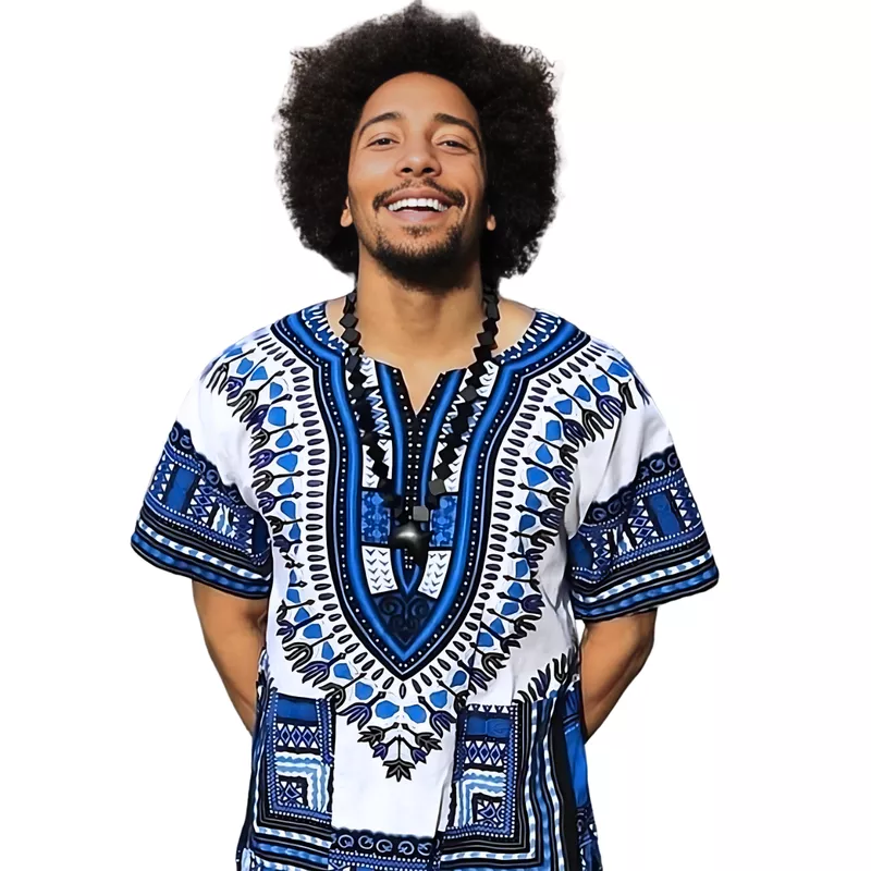 Bata Africana Dashiki Branco e Azul - Estilo Afro