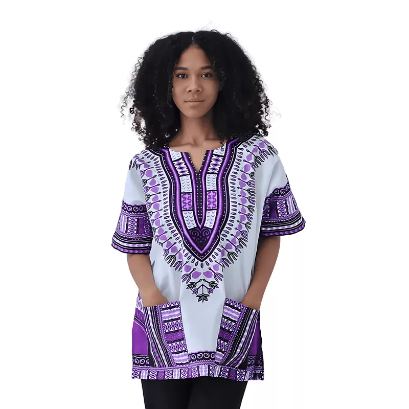 Bata Africana Dashiki Branco e Roxa - Estilo Afro
