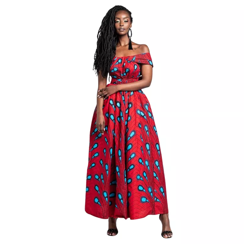 Vestido africano Pena Vermelho e Azul - Estilo Afro