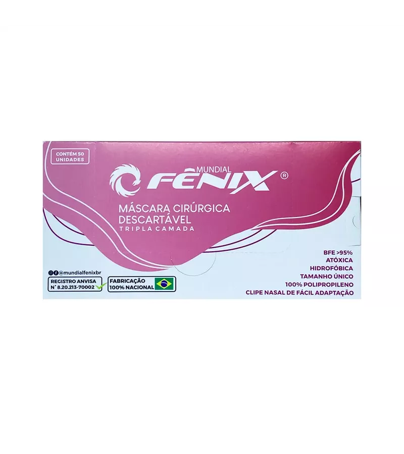 Fênix Máscara Cirúrgica Tripla c/Elástico ROSA Cai... - AIKO COSMÉTICOS