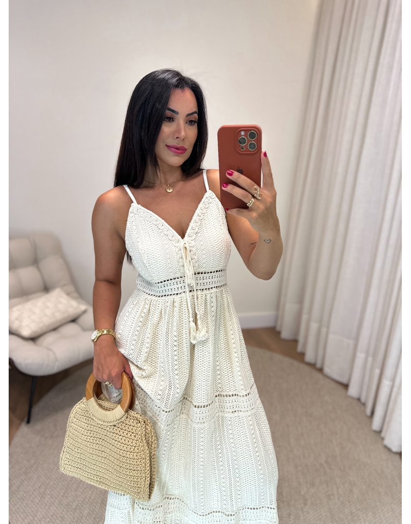 Vestido Longo Crochê Rendado Areia
