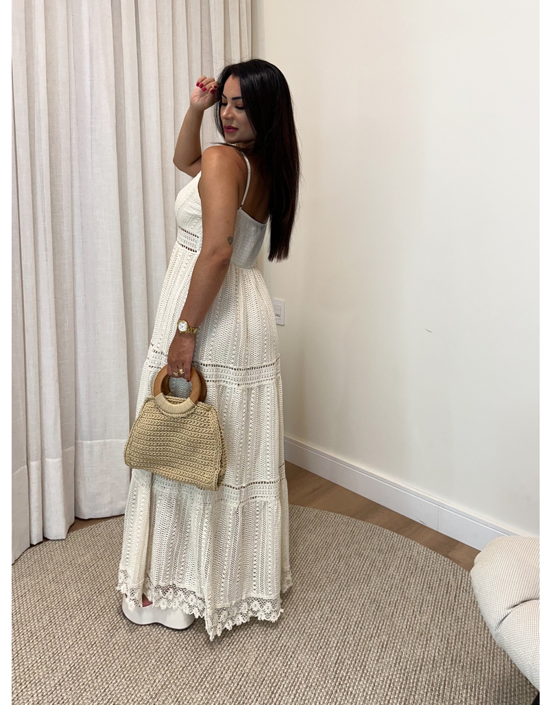 Vestido Longo Crochê Rendado Areia